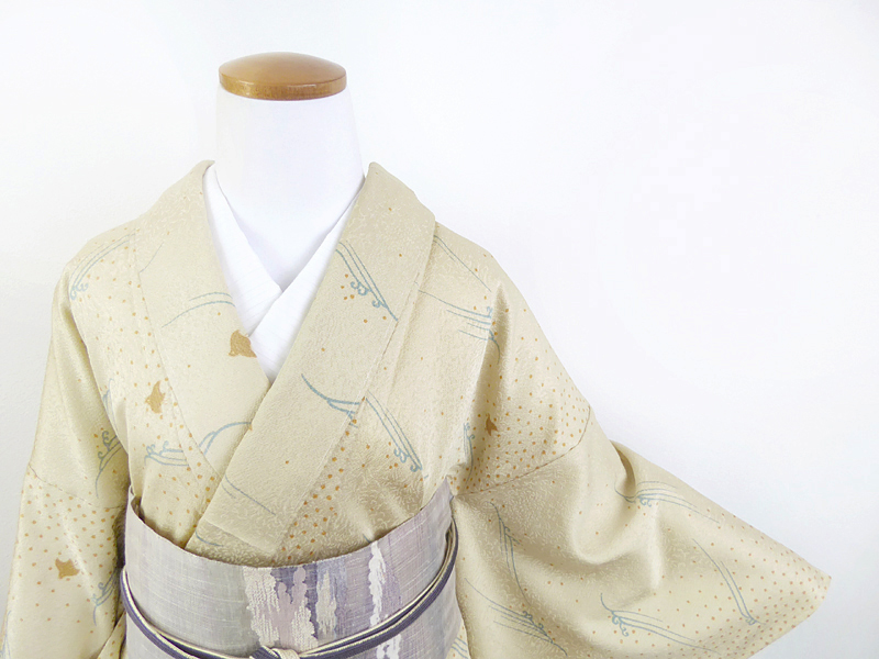 単衣 淡ベージュ 波千鳥柄小紋 トールサイズ たまるや七草着物店