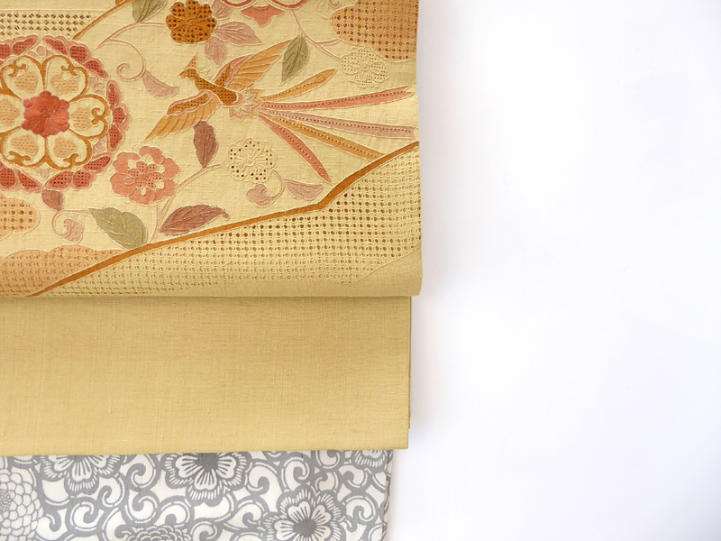正規 アイボリー色の生紬に刺繍の袋帯 スワトウ刺繍 洒落帯 着物 ai-sp
